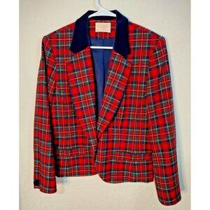 VTG Pendleton‎ 100% Wool Blazer Velvet collar Jacket red/blue Plaid virgin wool